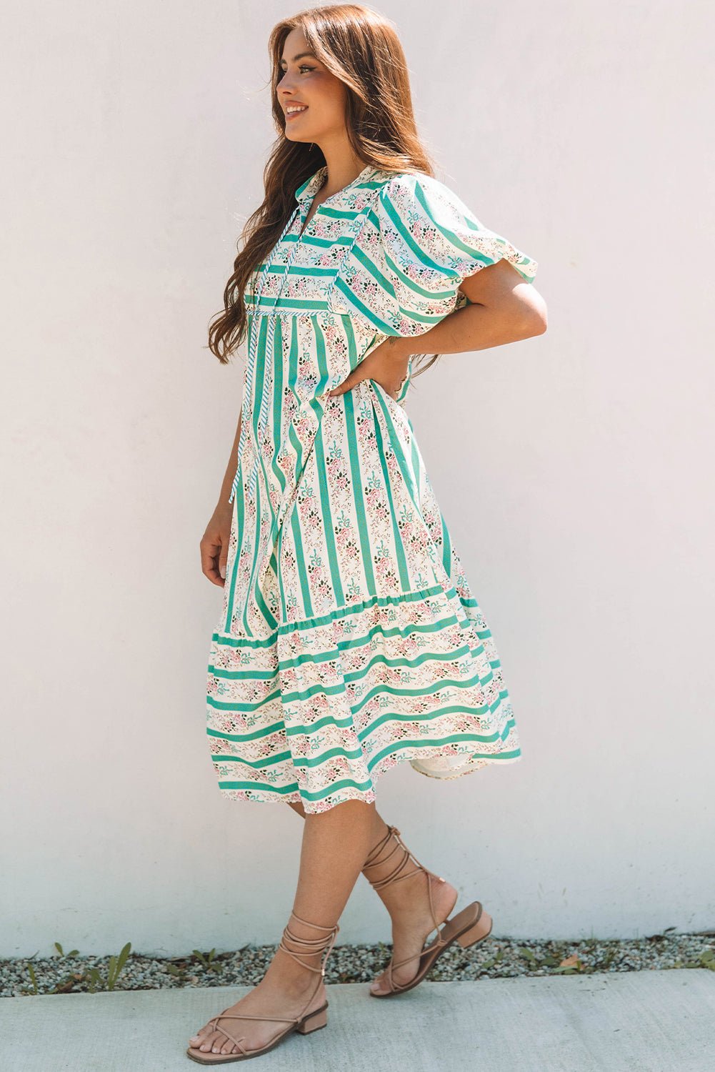 Multicolour Striped Floral Print Tie Split Neck Puff Sleeve Midi Dress - Loving It Shop
