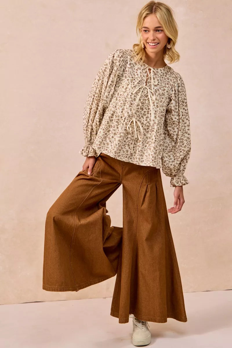 Floral Printed Peplum Blouse with Shirring and Tied