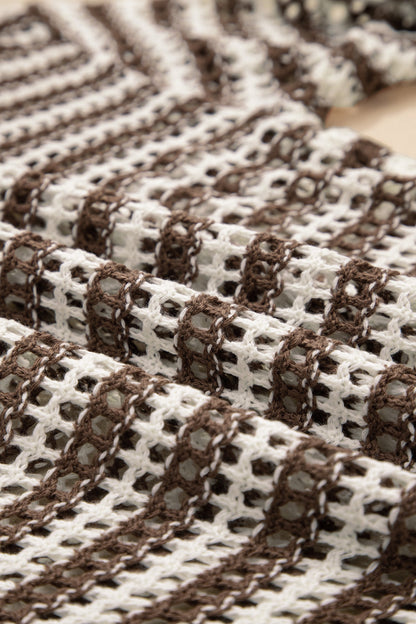 Brown Stripe Eyelet Hollow-out Contrast Collared Pullover Chic Sweater