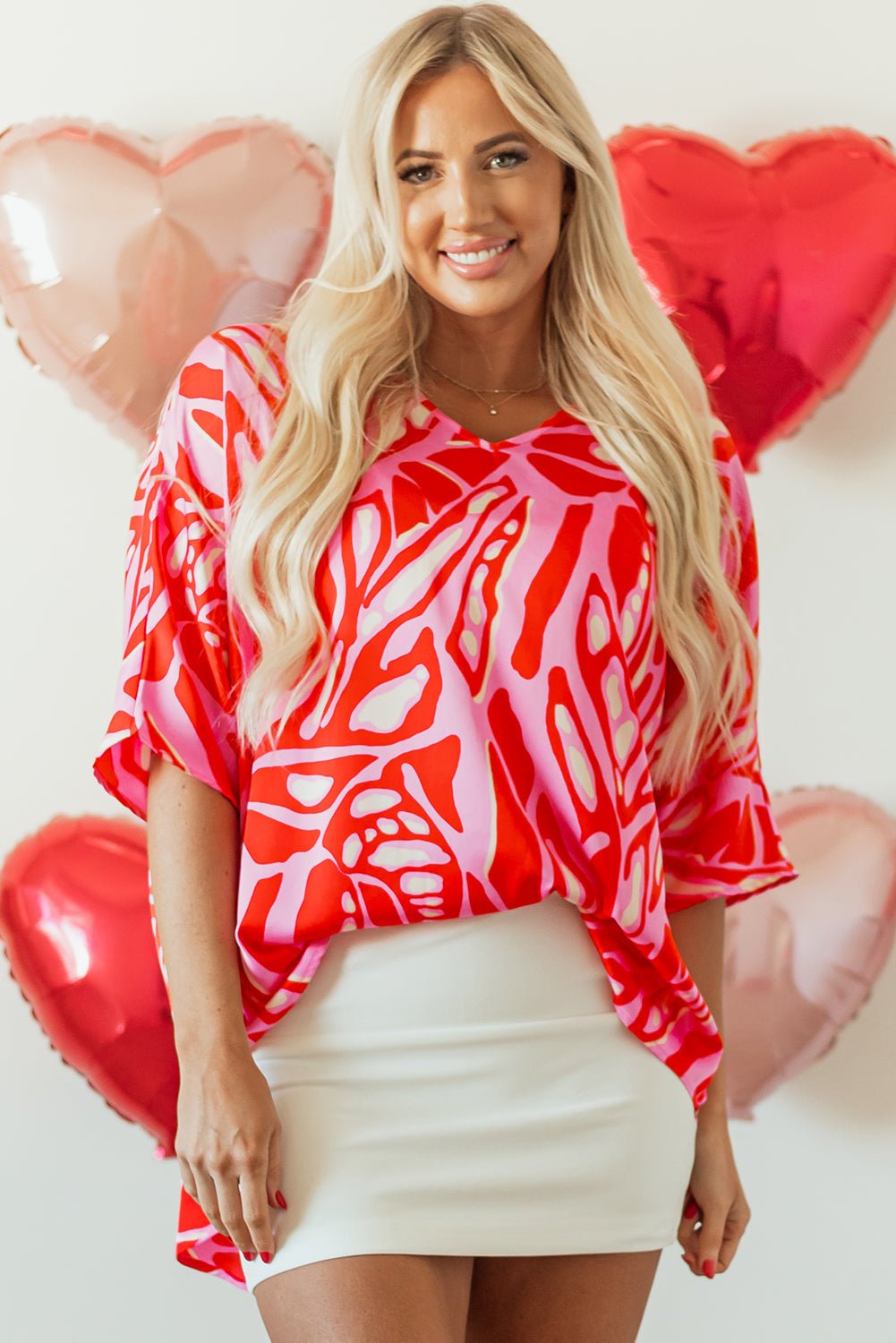 Red Abstract Print V Neck Batwing Sleeve Oversized Blouse - Loving It Shop