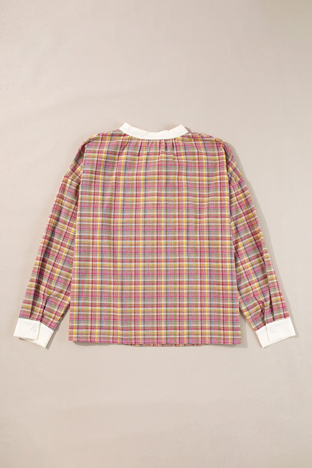 Pink Colorblock Plaid Patchwork Henley Blouse - Loving It Shop