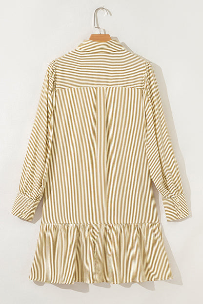 Brown Stripe Collared Neck Cuffed Long Sleeve Drop Waist Mini Dress
