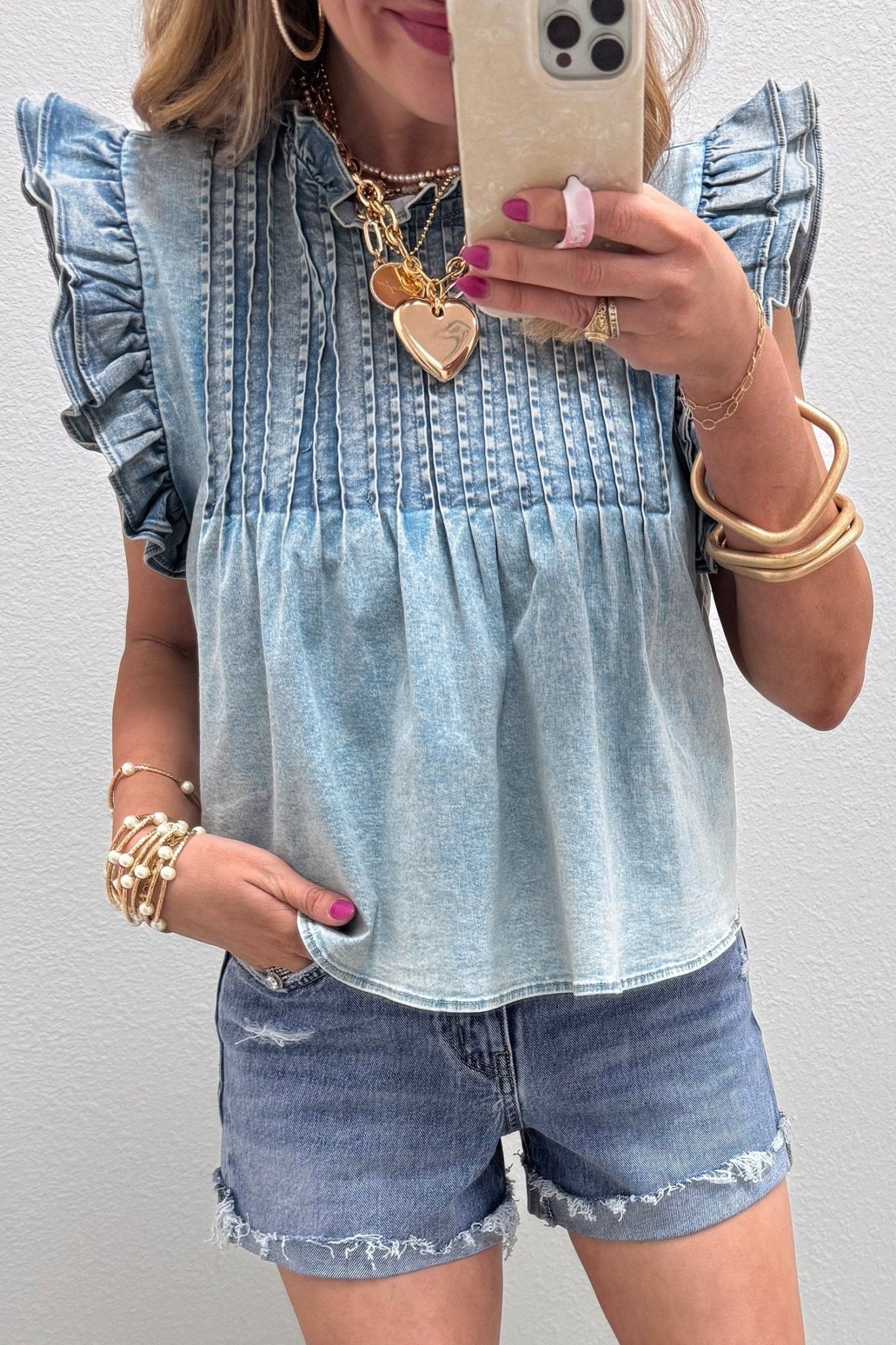 Beau Blue Ruffle Pleated Detail Vintage Washed Denim Top - Loving It Shop