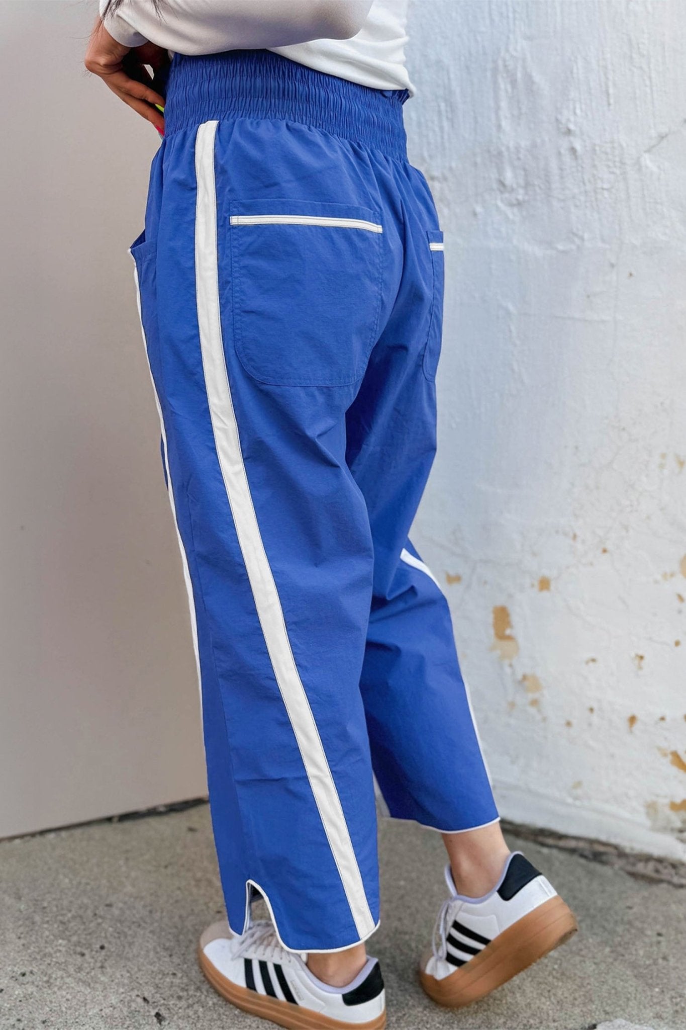 Dark Blue Contrast Striped Smocked Waist Drawstring Cropped Casual Pants - Loving It Shop