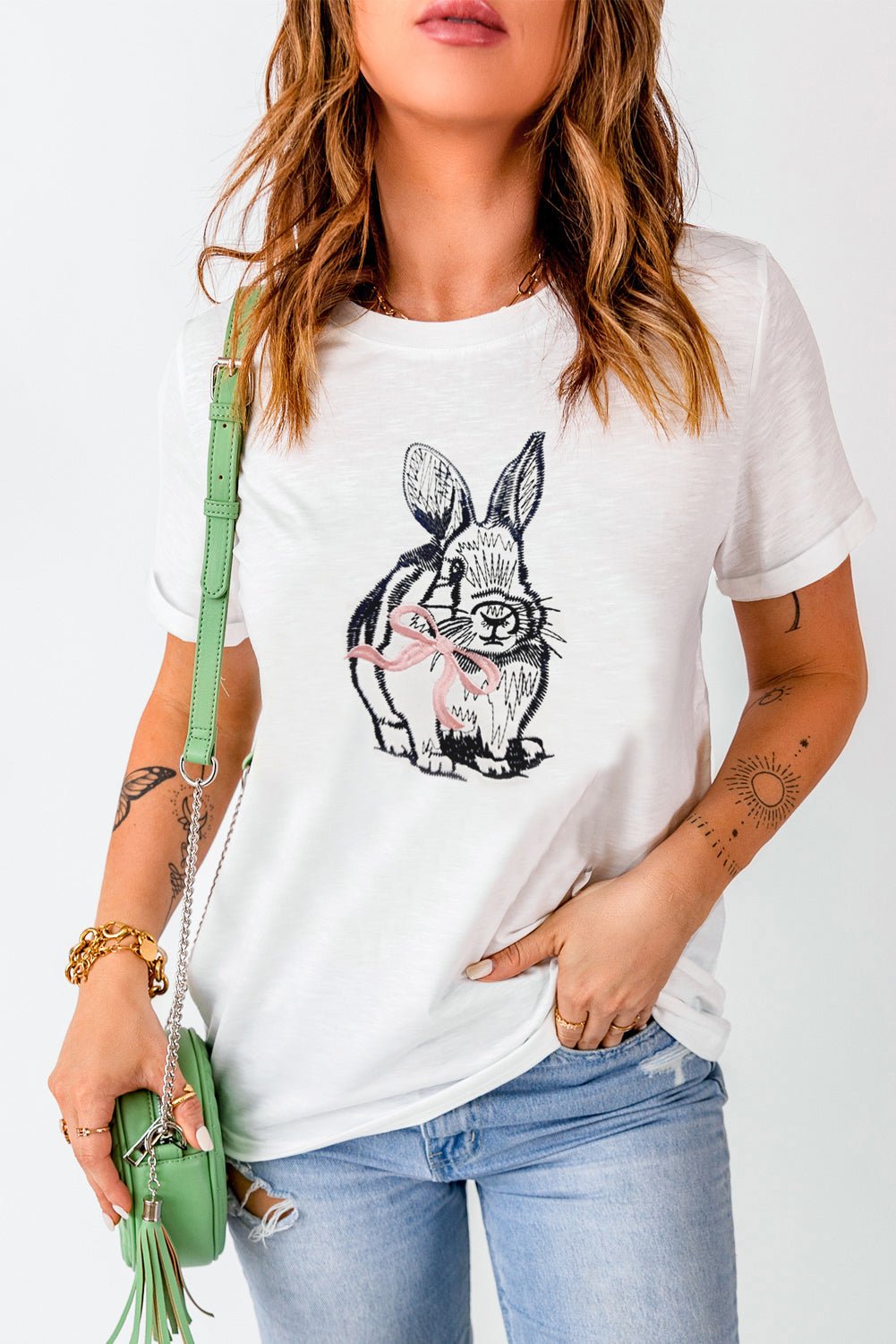 White Bunny Embroidered Bow Graphic Tee - Loving It Shop