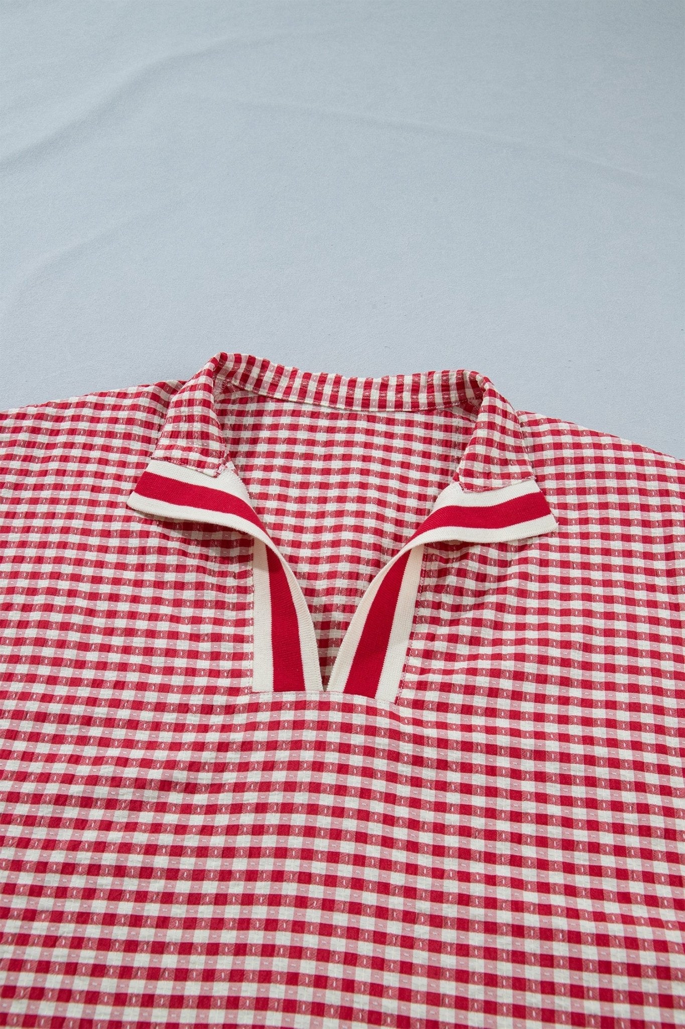 Red Plaid Short Sleeve Colorblock Trim Split Neck Blouse - Loving It Shop