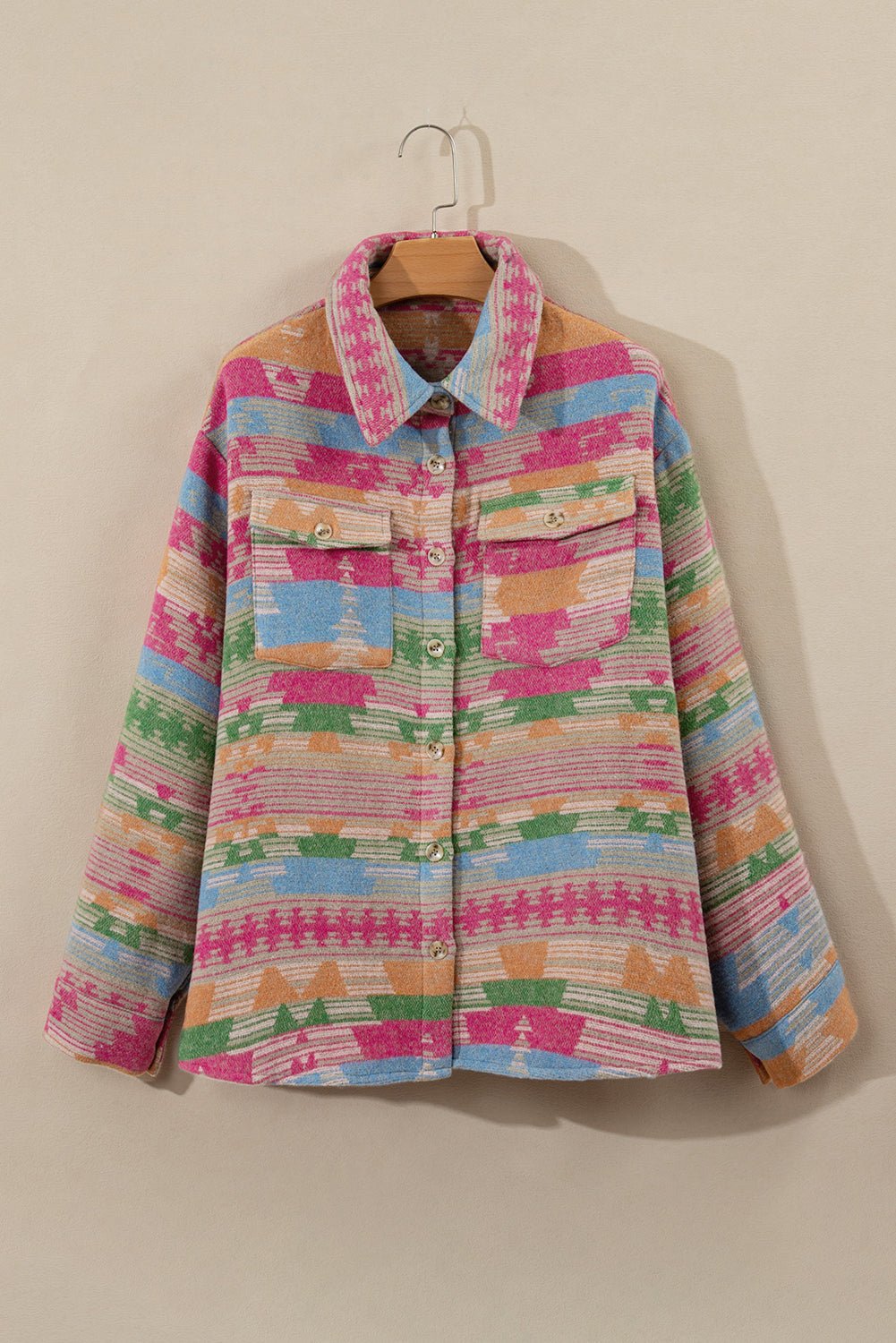 Pink Plus Size Aztec Printed Flap Pocket Shacket - Loving It Shop