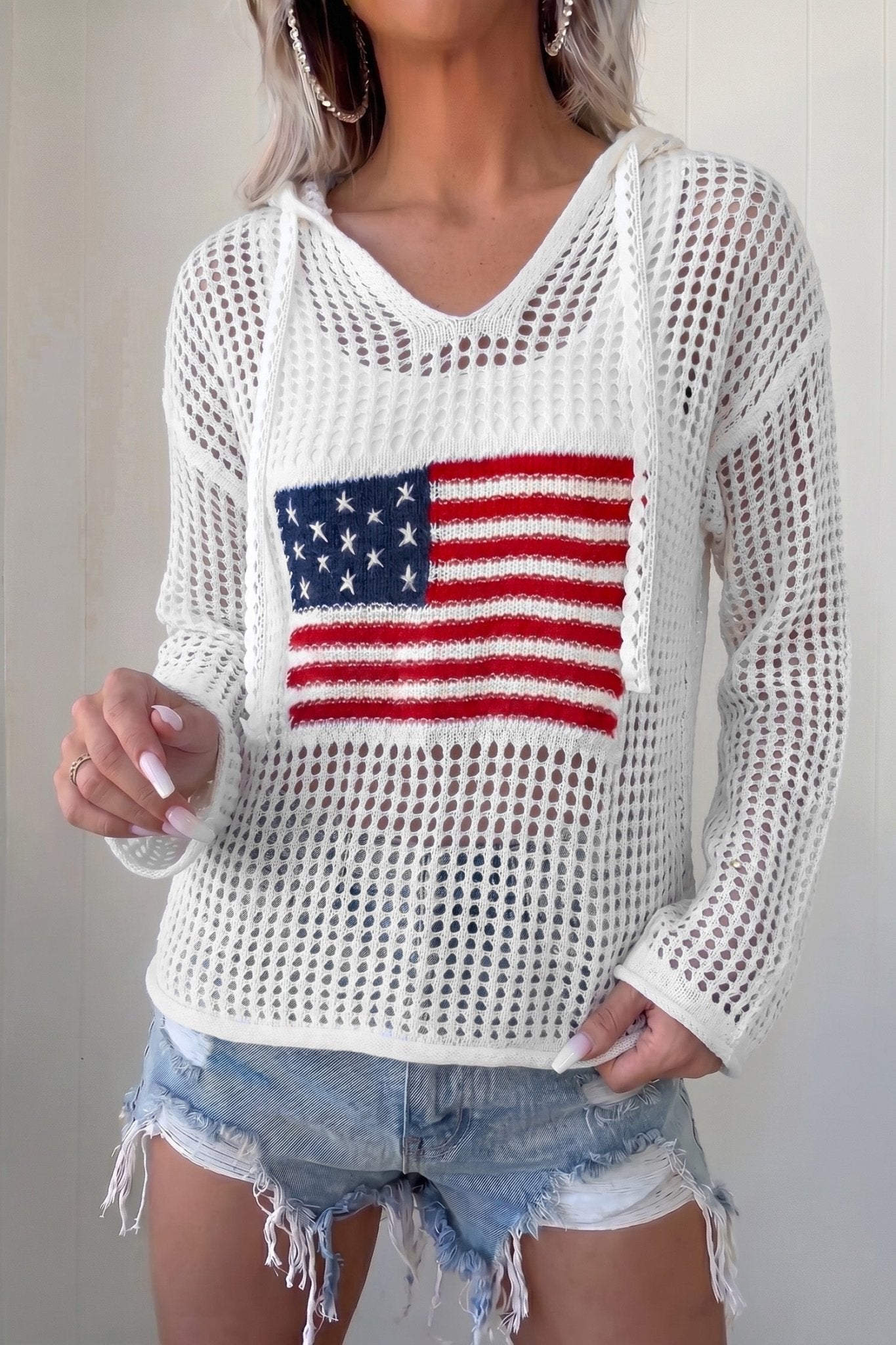 White Hollow Out Crochet Knit American Flag Patched Sweater Hoodie - Loving It Shop