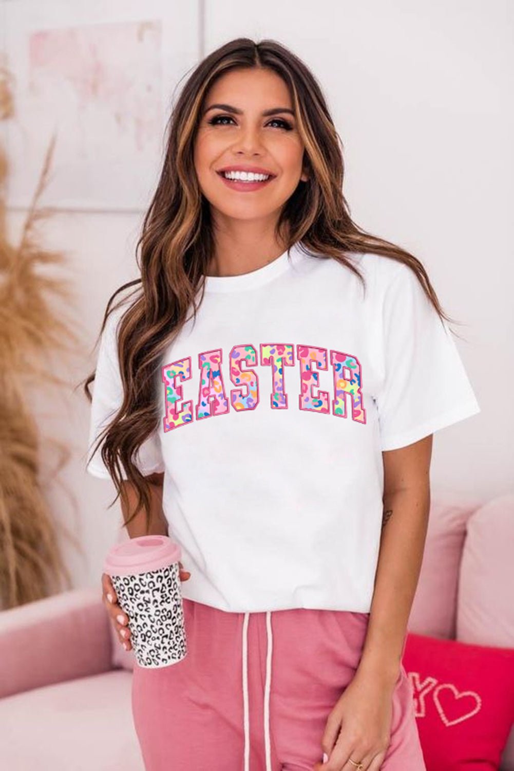 White Cheerful Leopard EASTER Letter Graphic Tee - Loving It Shop