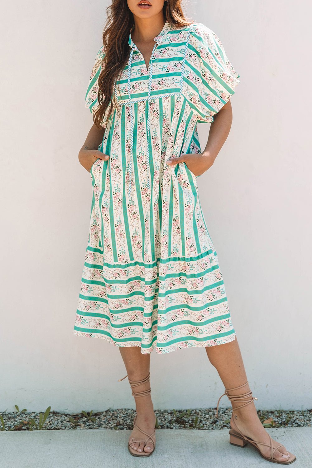 Multicolour Striped Floral Print Tie Split Neck Puff Sleeve Midi Dress - Loving It Shop