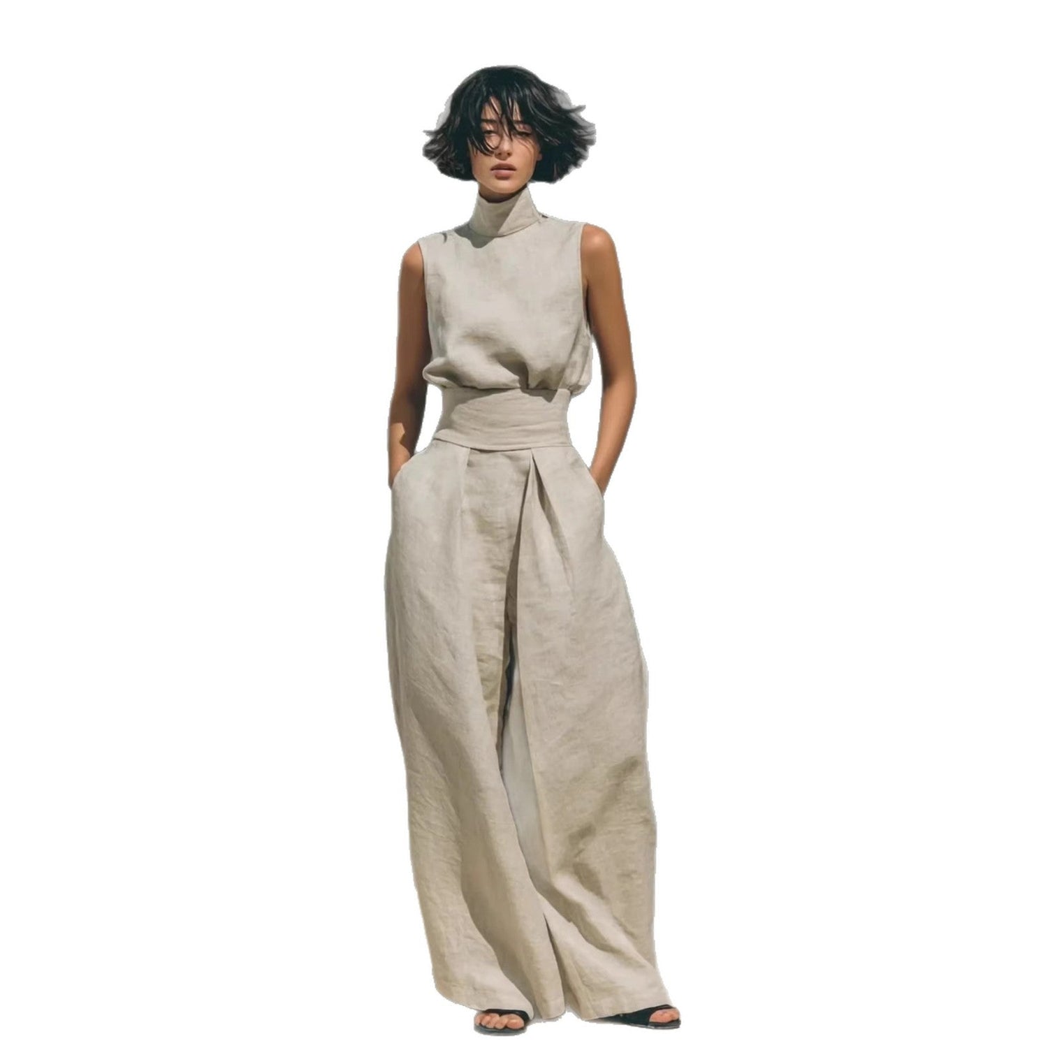 Casual Sleeveless Suit Summer Stand-up Collar Pullover Top And Loose Straight-leg Trousers Women&