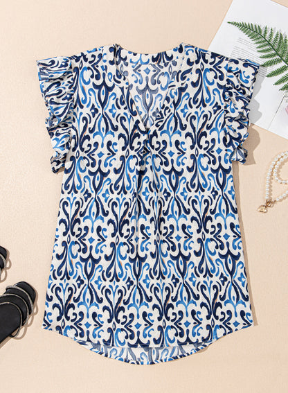 Sky Blue Boho Abstract Print Pintuck Detail Ruffled Top