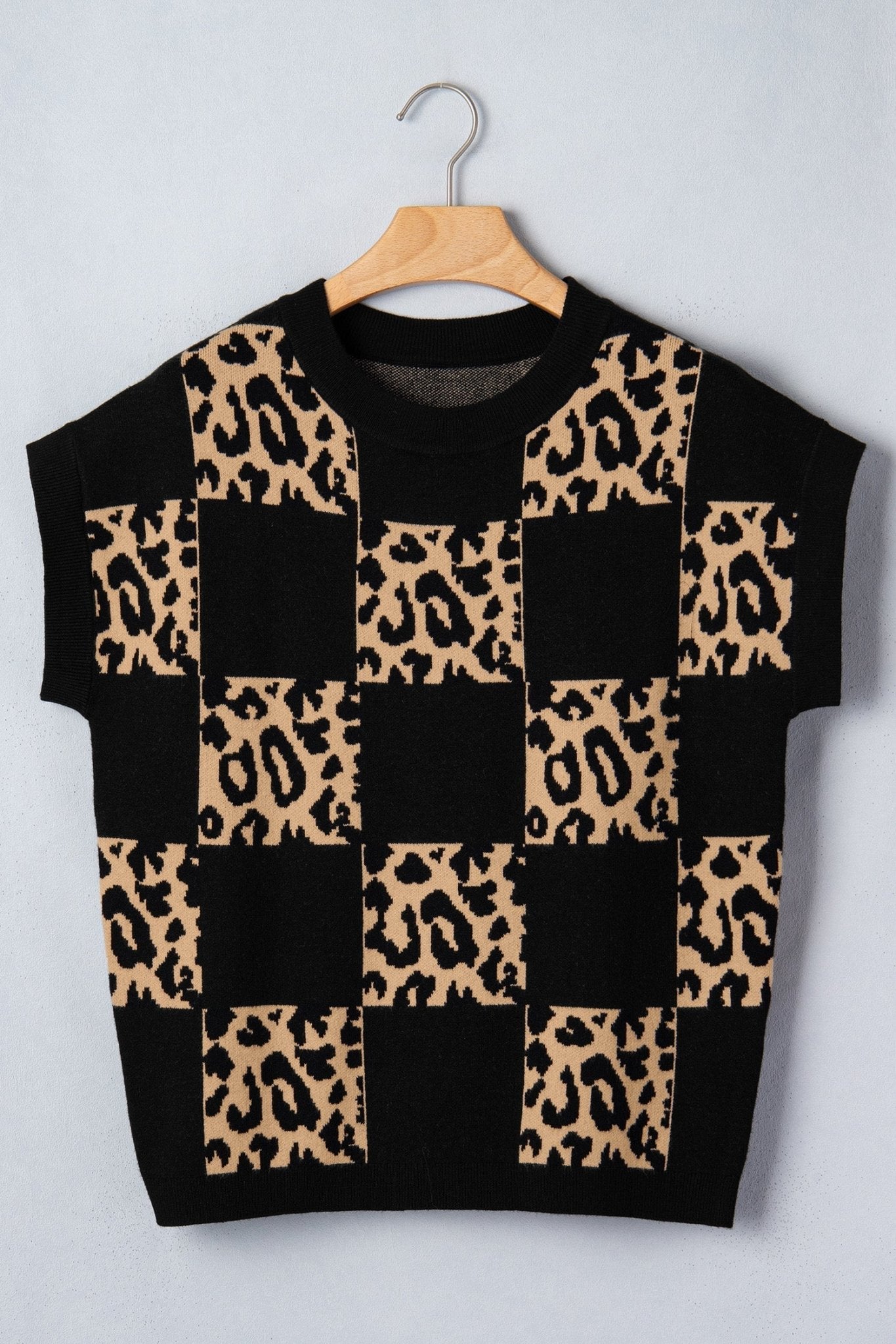 Black Leopard Checkerboard Short Sleeve Knit Sweater - Loving It Shop