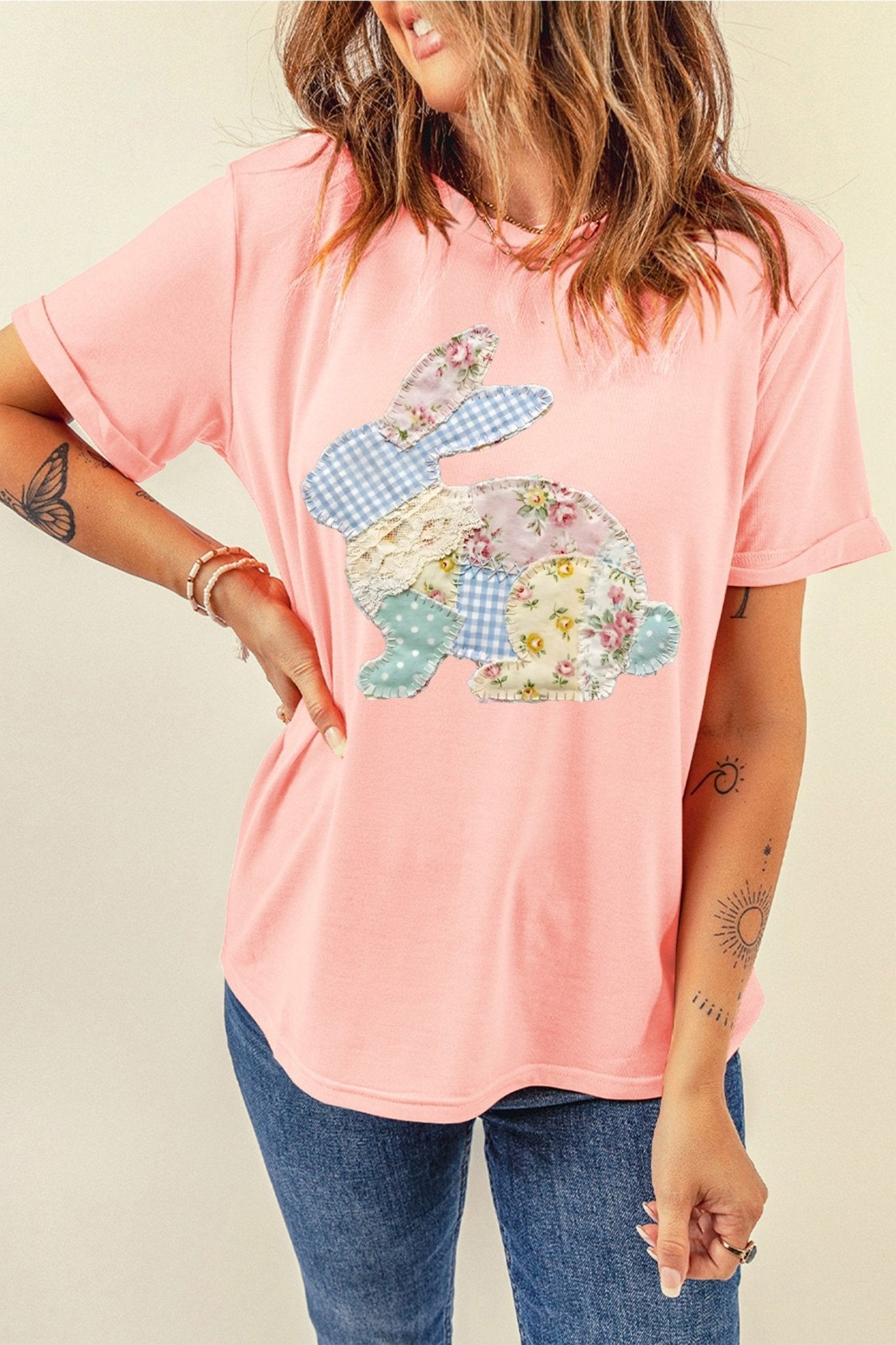 Pink Vibrant Easter Bunny Patchwork Printed T Shirt - Loving It Shop