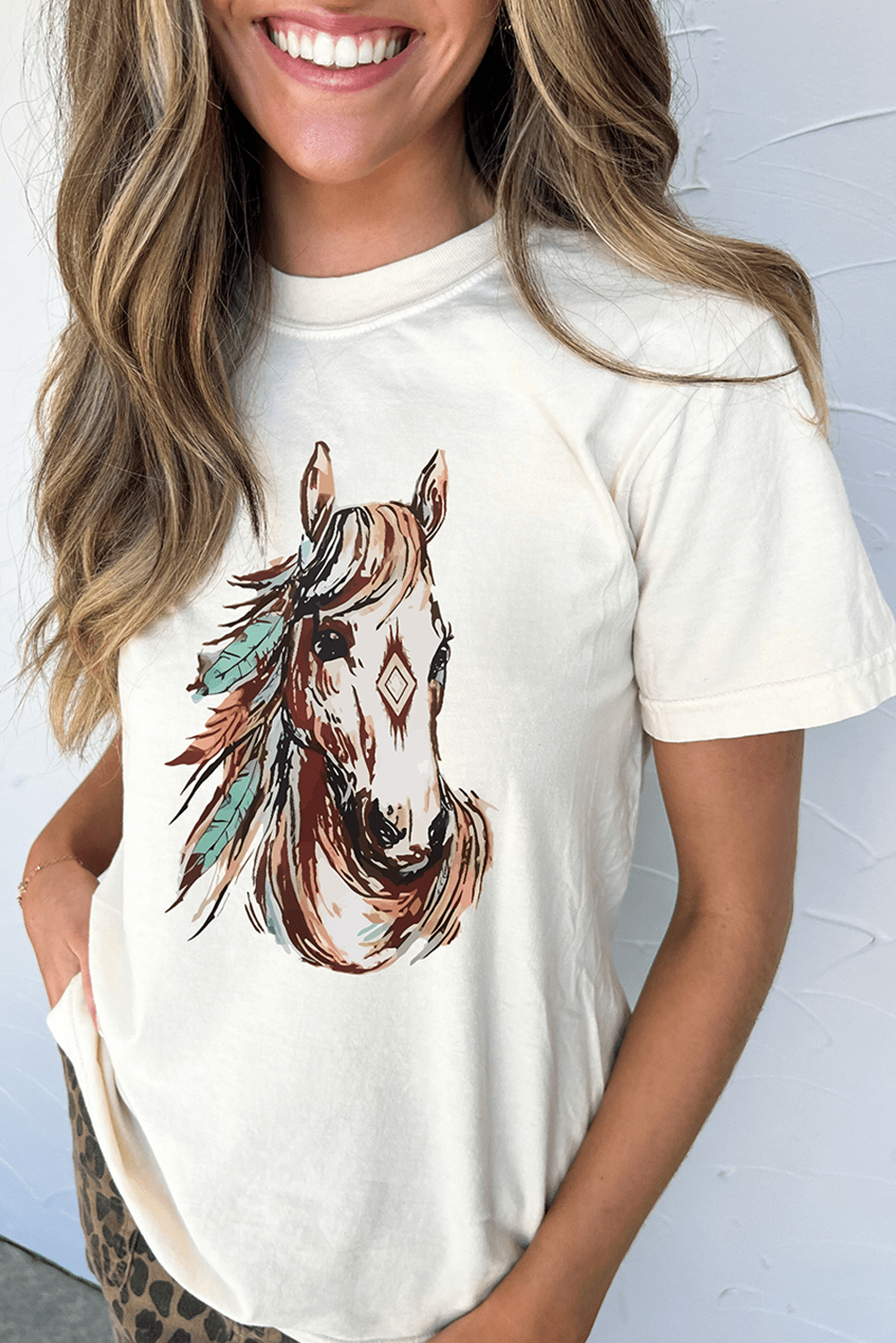 White Western Aztec Horse Graphic Crewneck Tee - Loving It Shop