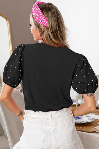 Bright Pink Pearl Beaded Puff Sleeve Ribbed Top