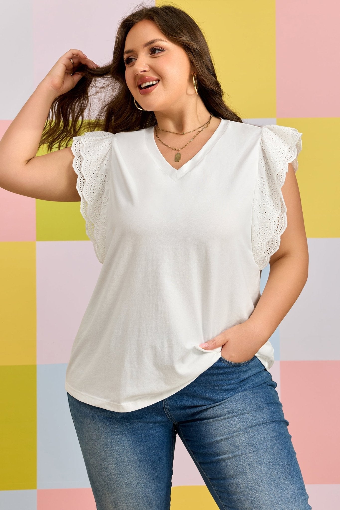 White Eyelet Crochet Splicing Short Sleeve Plus Size Tee - Loving It Shop