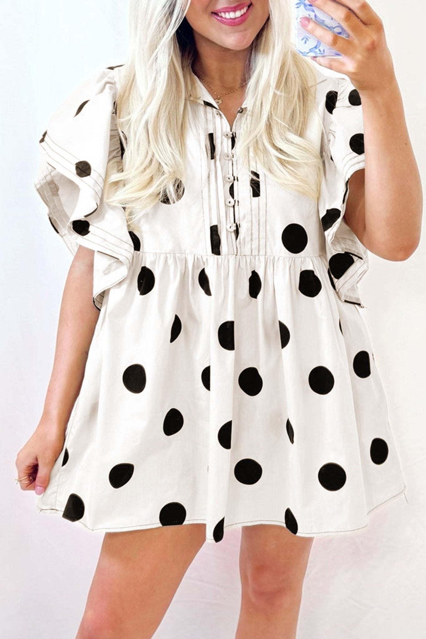 White Polka Dot Print Half Button Ruffled Short Sleeve Loose Mini Dress - Loving It Shop
