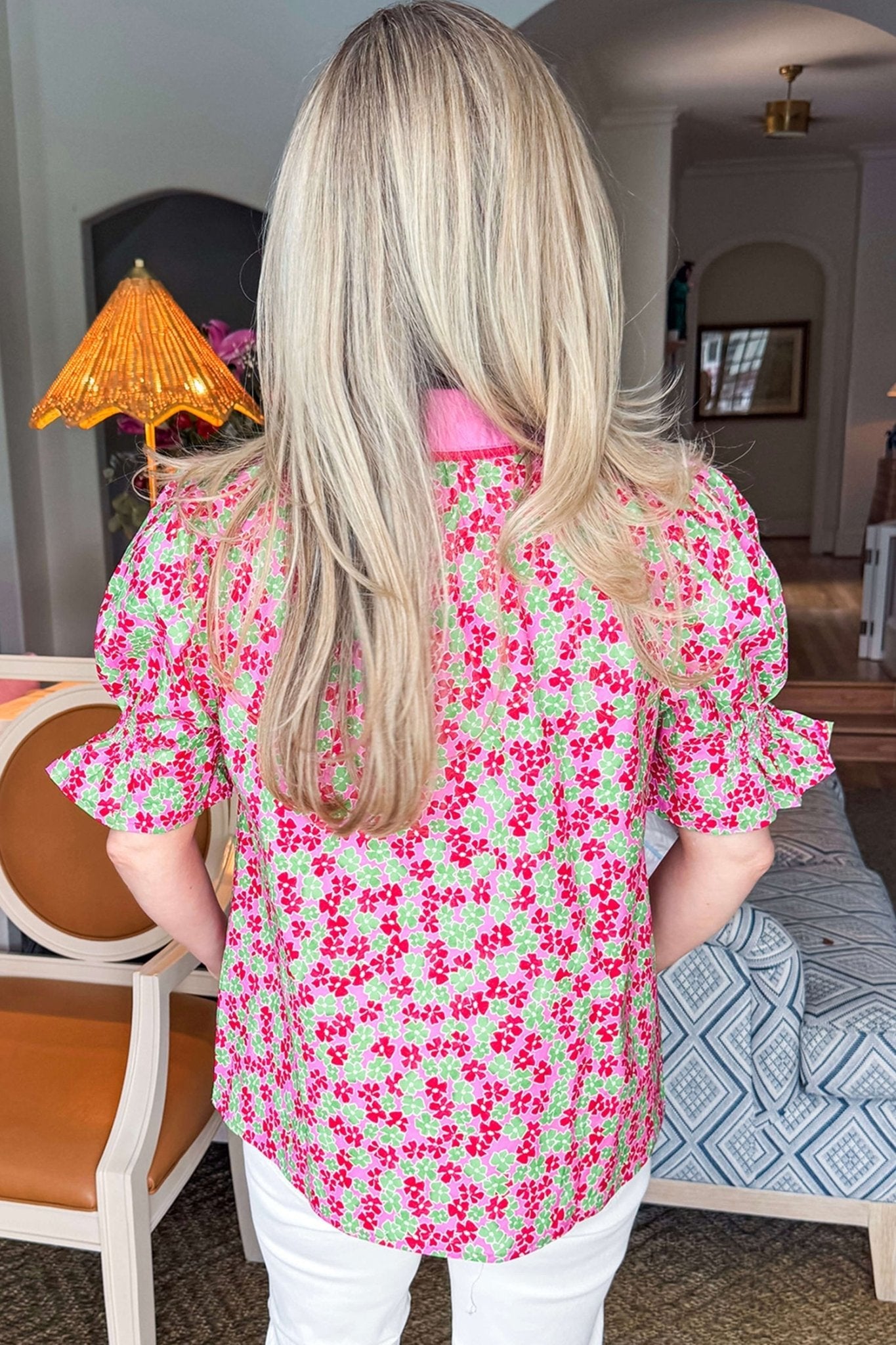Rose Blooms Floral Collared V Neck Short Puff Sleeve Blouse Top - Loving It Shop