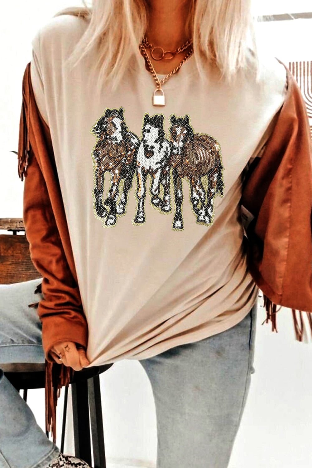 Khaki Sequin Horses Patched Casual Crewneck T Shirt - Loving It Shop