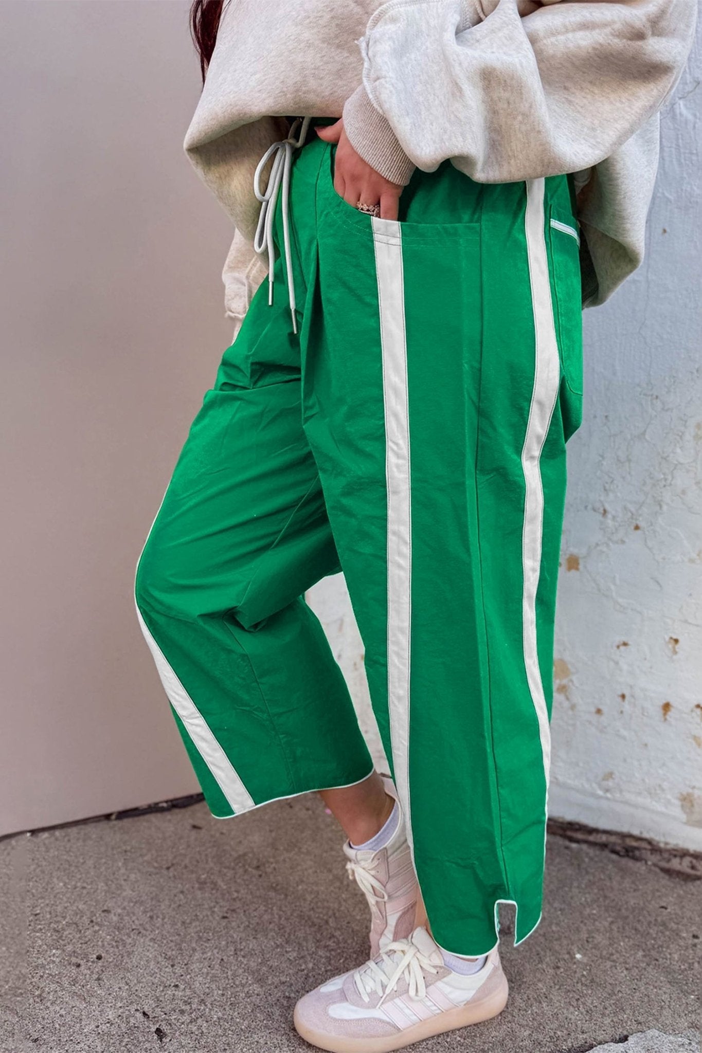 Bright Green Contrast Striped Smocked Waist Drawstring Cropped Casual Pants - Loving It Shop