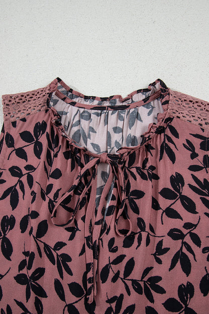 Brown Leaf Print Lace-up V Neck Crinckled Tank Top