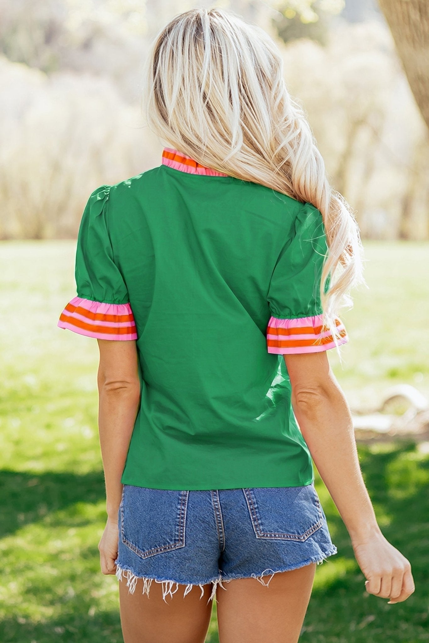 Green Striped Frilled Collar Ruffled Short Sleeve Blouse - Loving It Shop