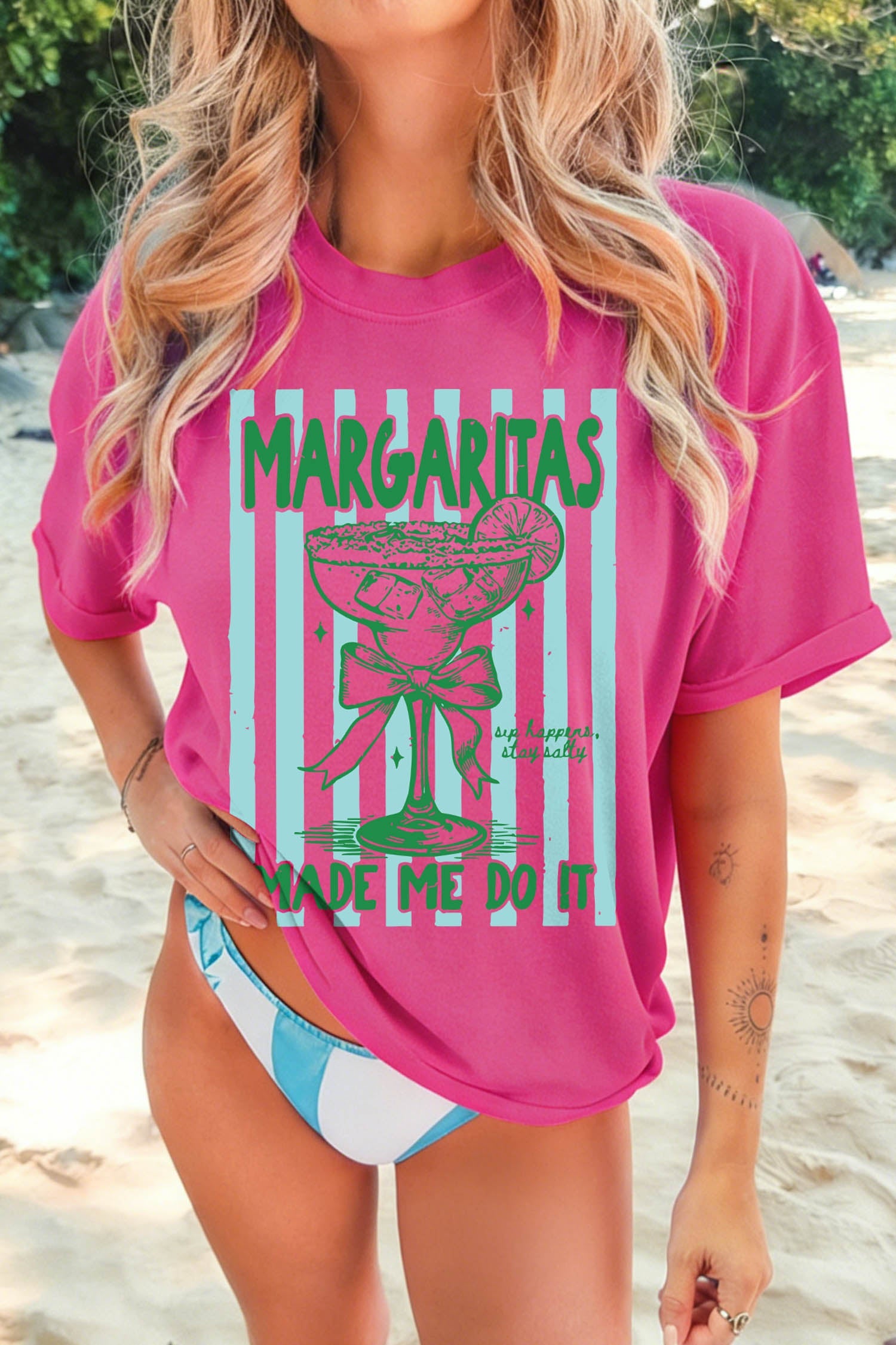 Rose Red Margaritas Made Me Do It Striped Graphic Beach Vacation Tee - Loving It Shop