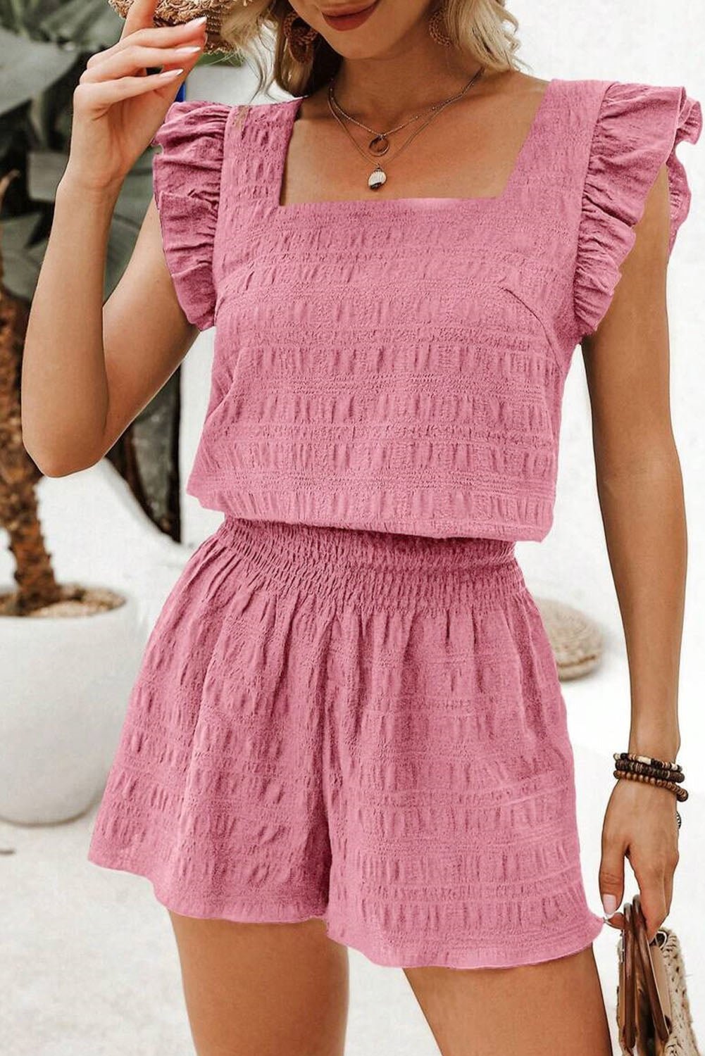 Peach Blossom Textured Square Neck Top and Shirred High Waist Shorts Set - Loving It Shop