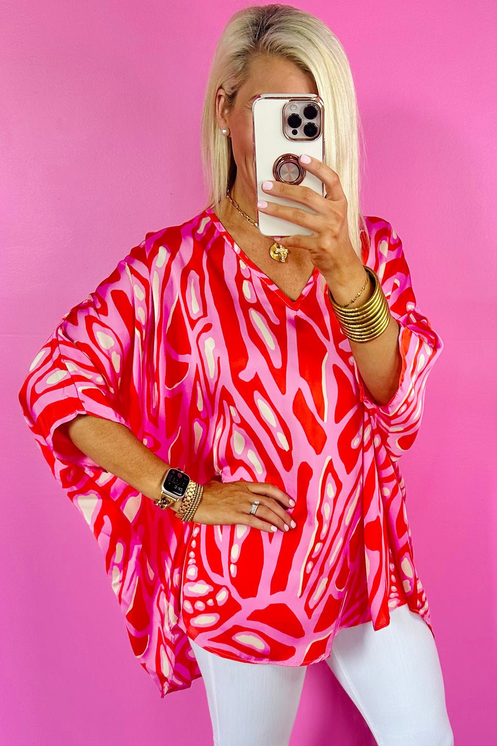 Red Abstract Print V Neck Batwing Sleeve Oversized Blouse - Loving It Shop