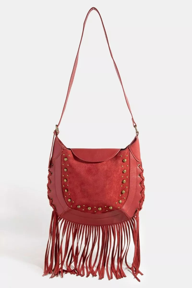 Rivet Trim Suede Fringe Shoulder Bag