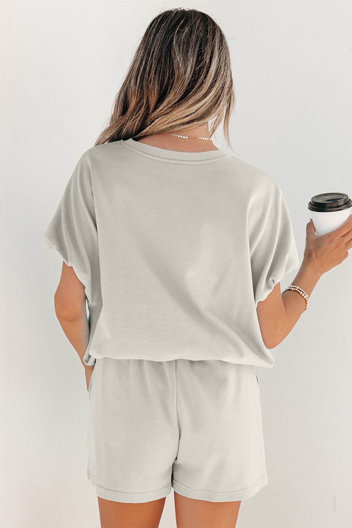 Smoke Gray Solid Color Puffy Loose Top Drawstring Shorts 2pcs Outfit - Loving It Shop