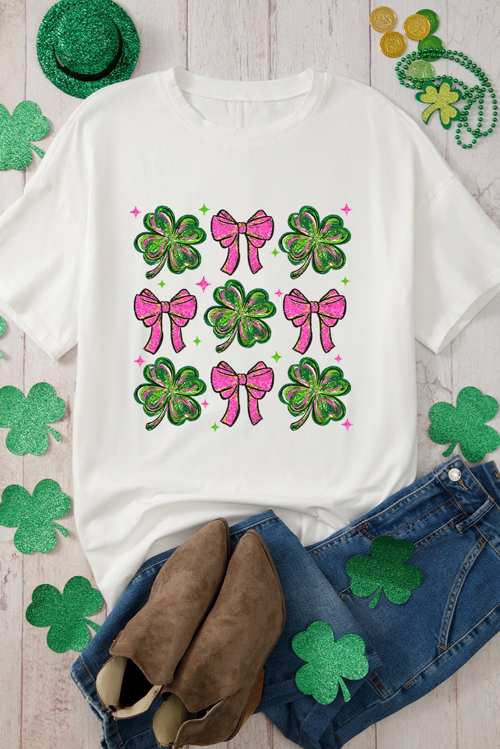White St Patrick Shamrock Bowknot Printed Crewneck Tee - Loving It Shop