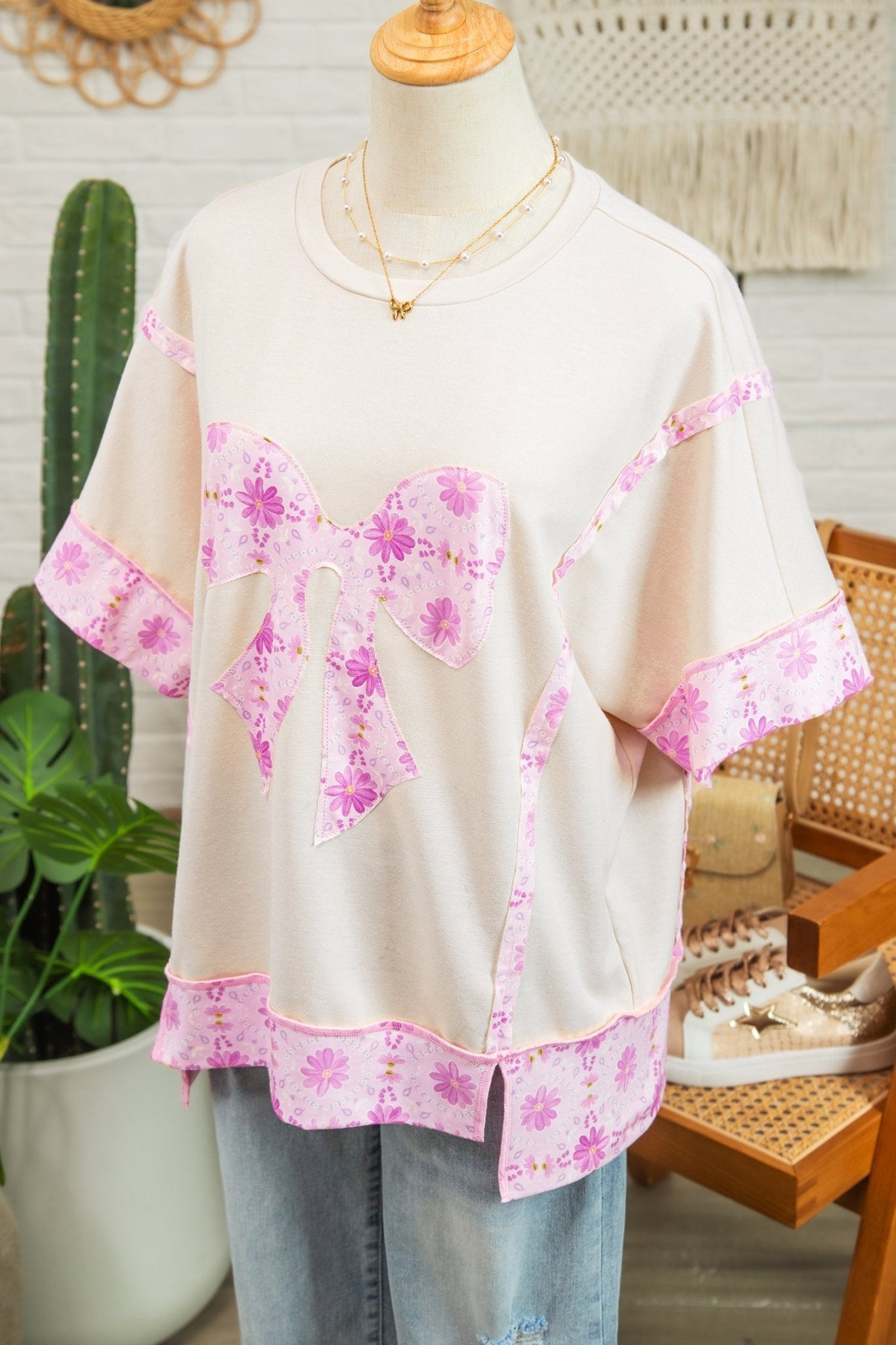Apricot Daisy Floral Bow Contrast Patchwork Loose T Shirt - Loving It Shop
