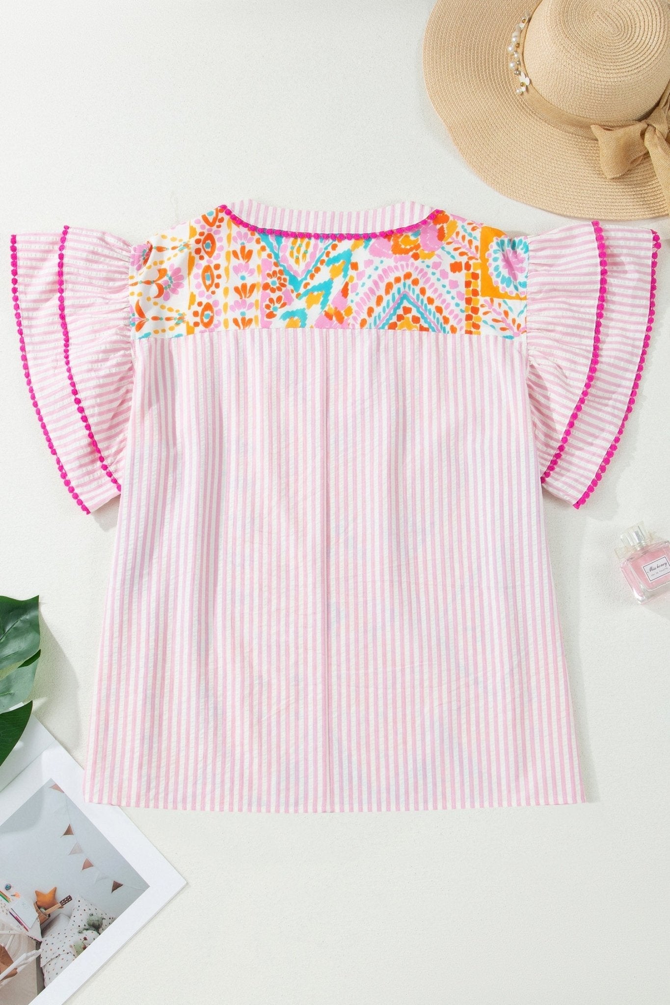 Rose Plus Size Geometric Print Contrast Trim Striped V Neck Blouse - Loving It Shop