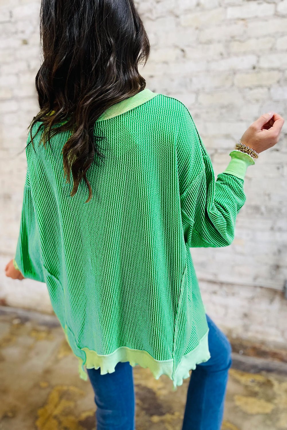 Bright Green Twisted Rib Uneven Hem Drop Shoulder Loose Knit Top - Loving It Shop