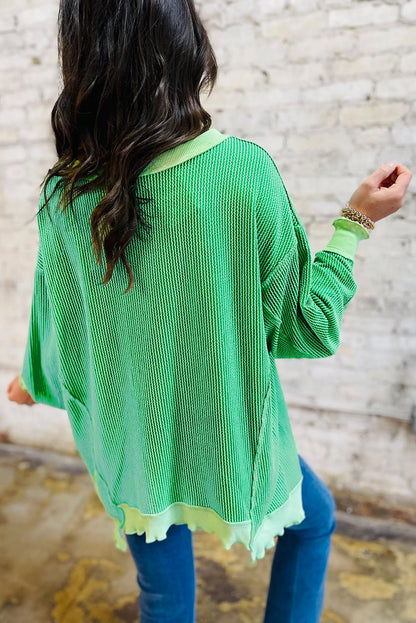 Bright Green Twisted Rib Uneven Hem Drop Shoulder Loose Knit Top - Loving It Shop