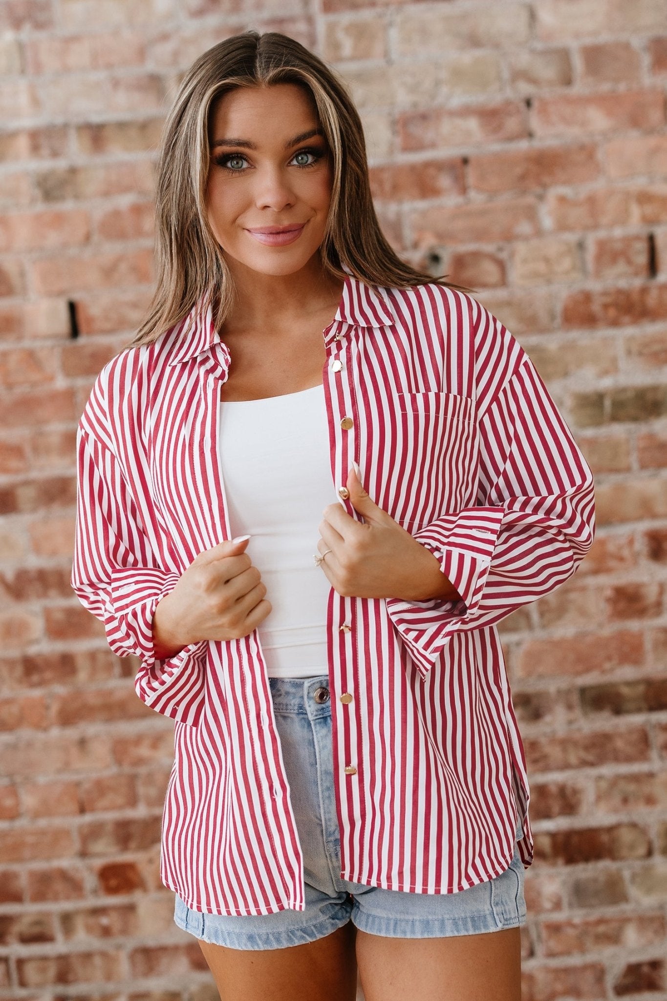 Red Stripe Patched Pocket Side Slit Loose Shirt - Loving It Shop