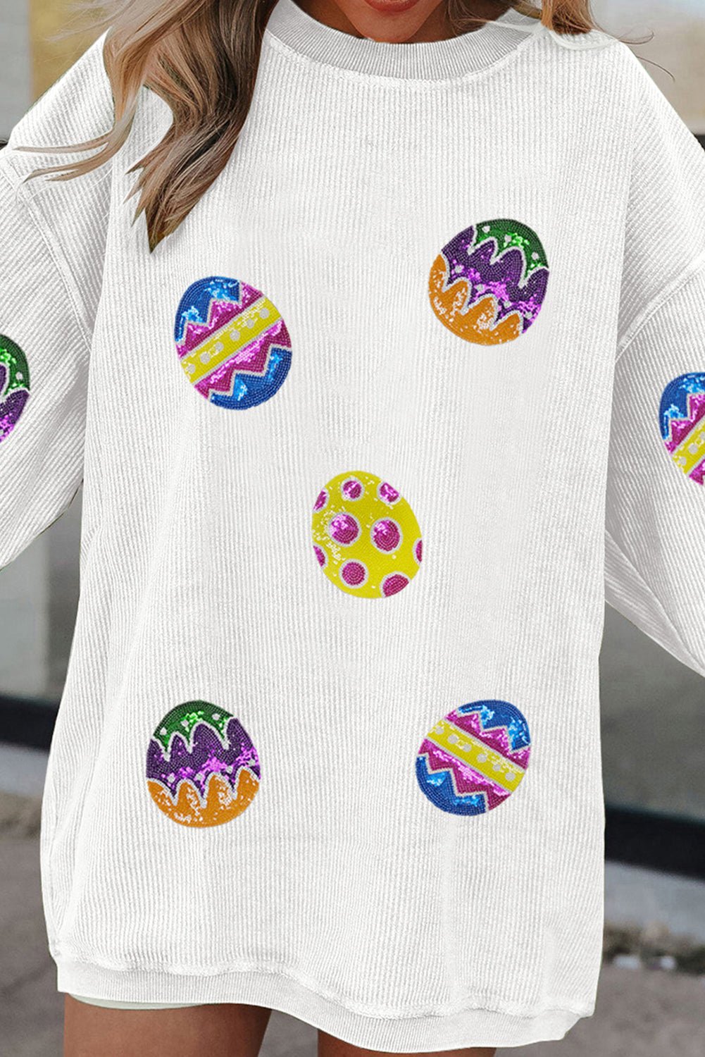 White Easter Egg Corded Oversized Sweatshirt - Loving It Shop