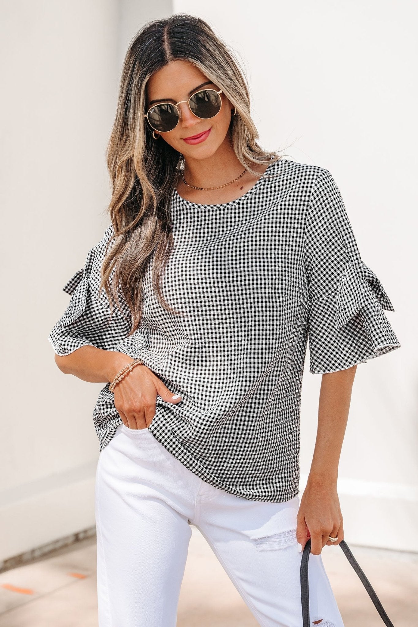 Black Plaid Bow Ruffled Half Sleeve Round Neck Blouse - Loving It Shop