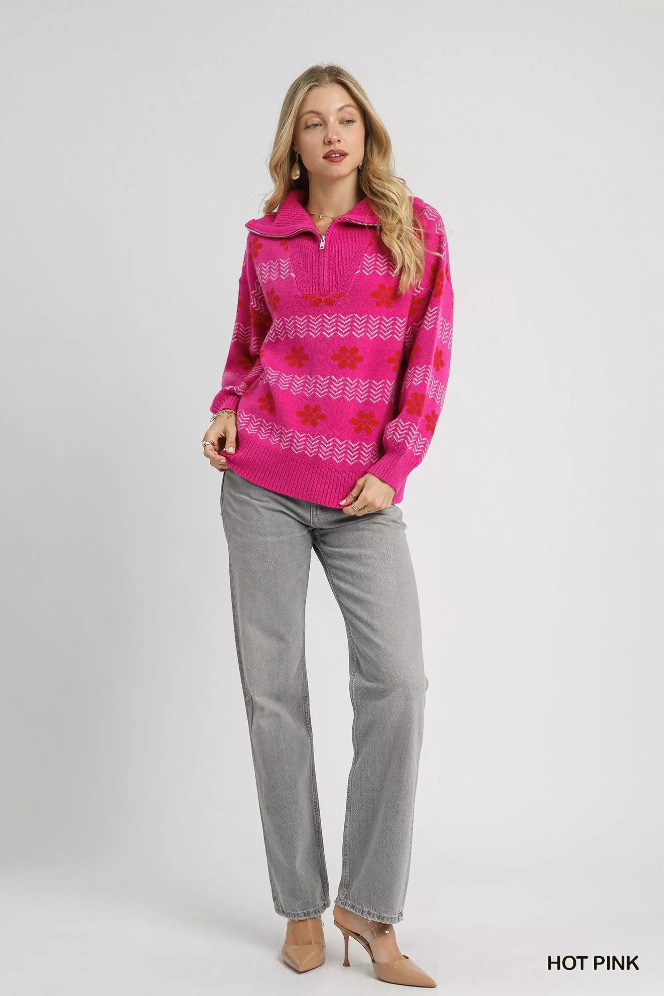Floral Patterned Jacquard Quarter-Zip Pullover Sweater
