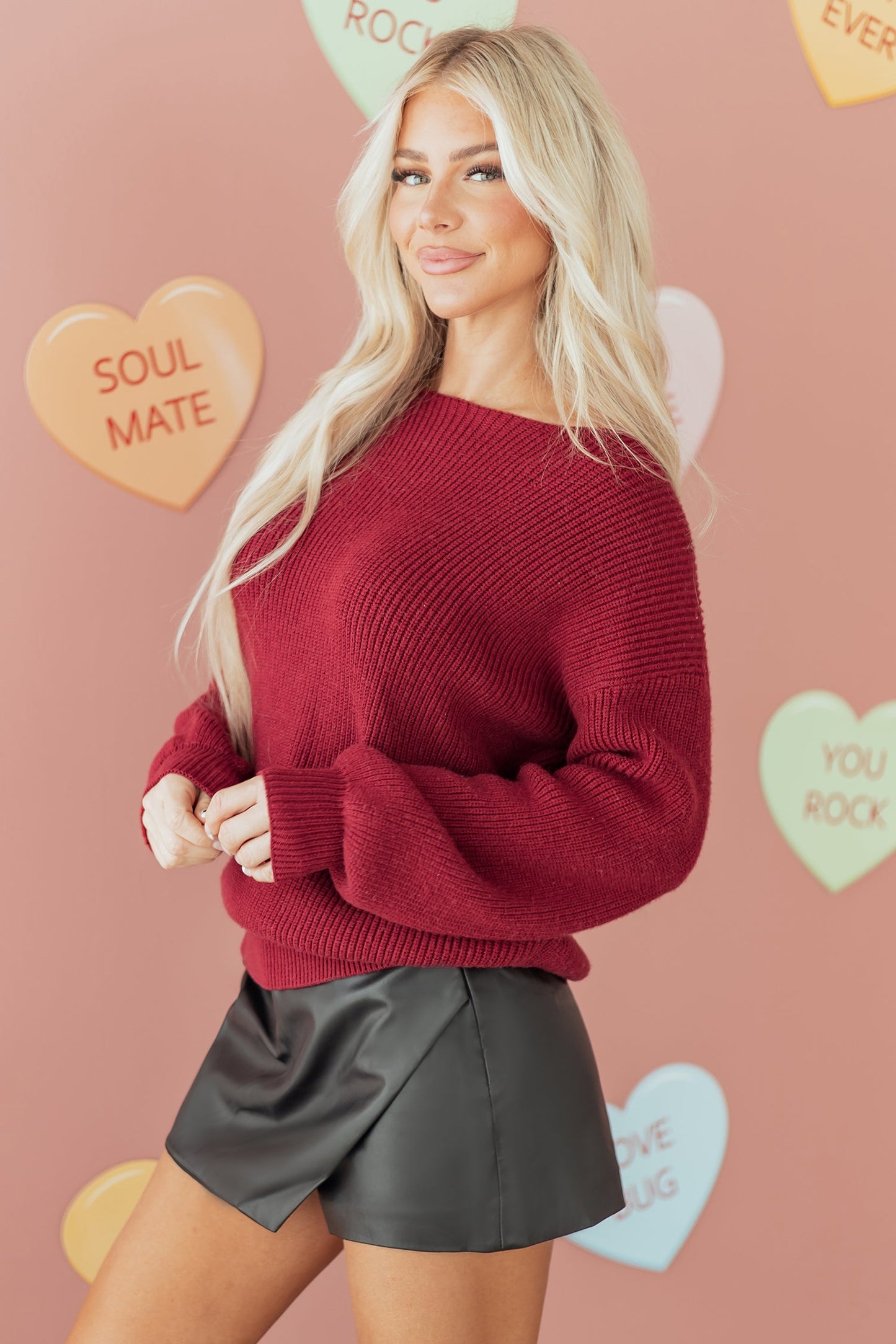 Red Dahlia Ribbed Knit Ribbon Knot Backless Drop Shoulder Sweater