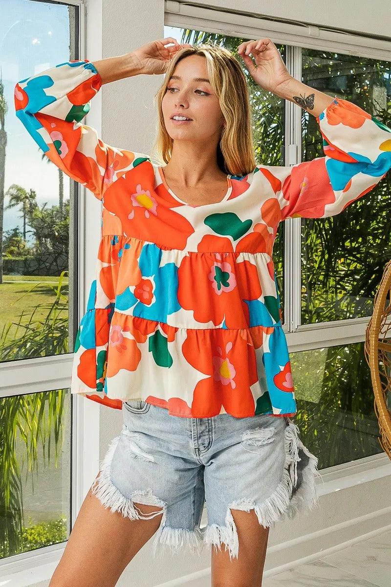 Floral Woven Tiered V Neck Top