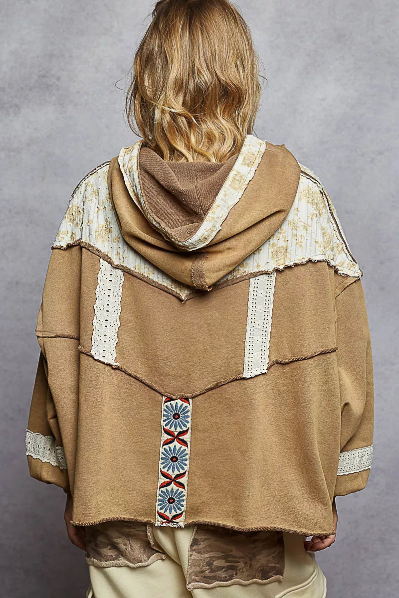 Drawstring French Terry Hoodie with Gauze Print Patch