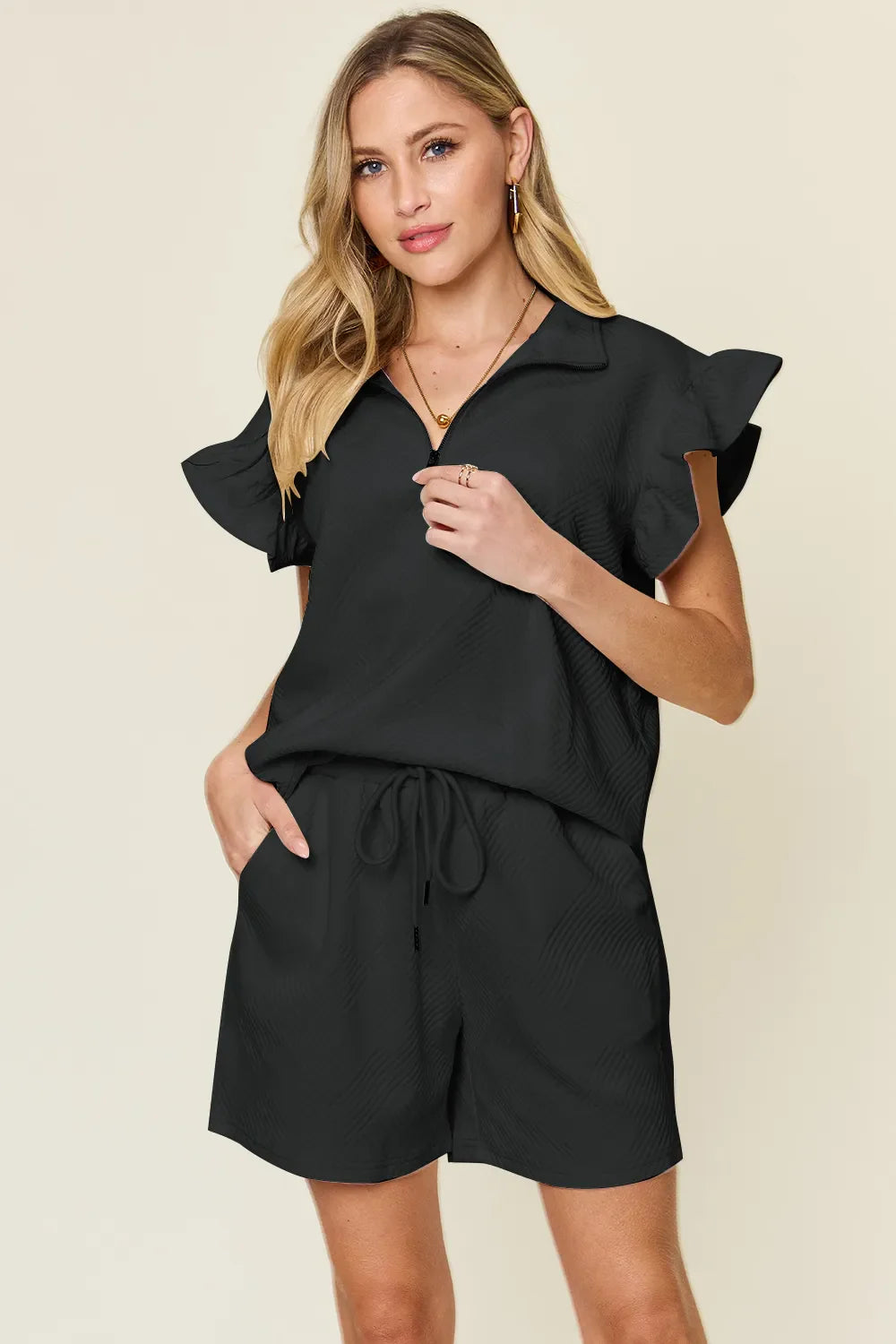 I am a Fashion Junky Full Size Texture Flounce Sleeve Top and Drawstring Shorts Set