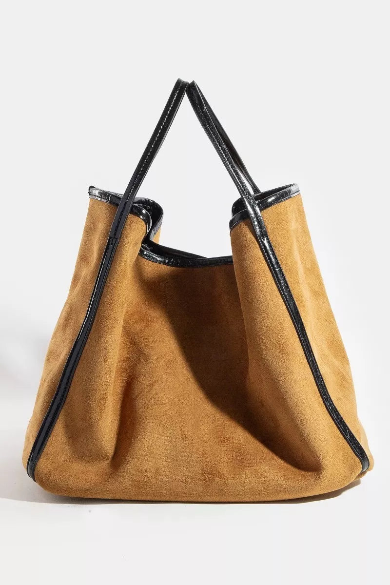 Suede Tote Faux Leather Trim Shoulder Strap