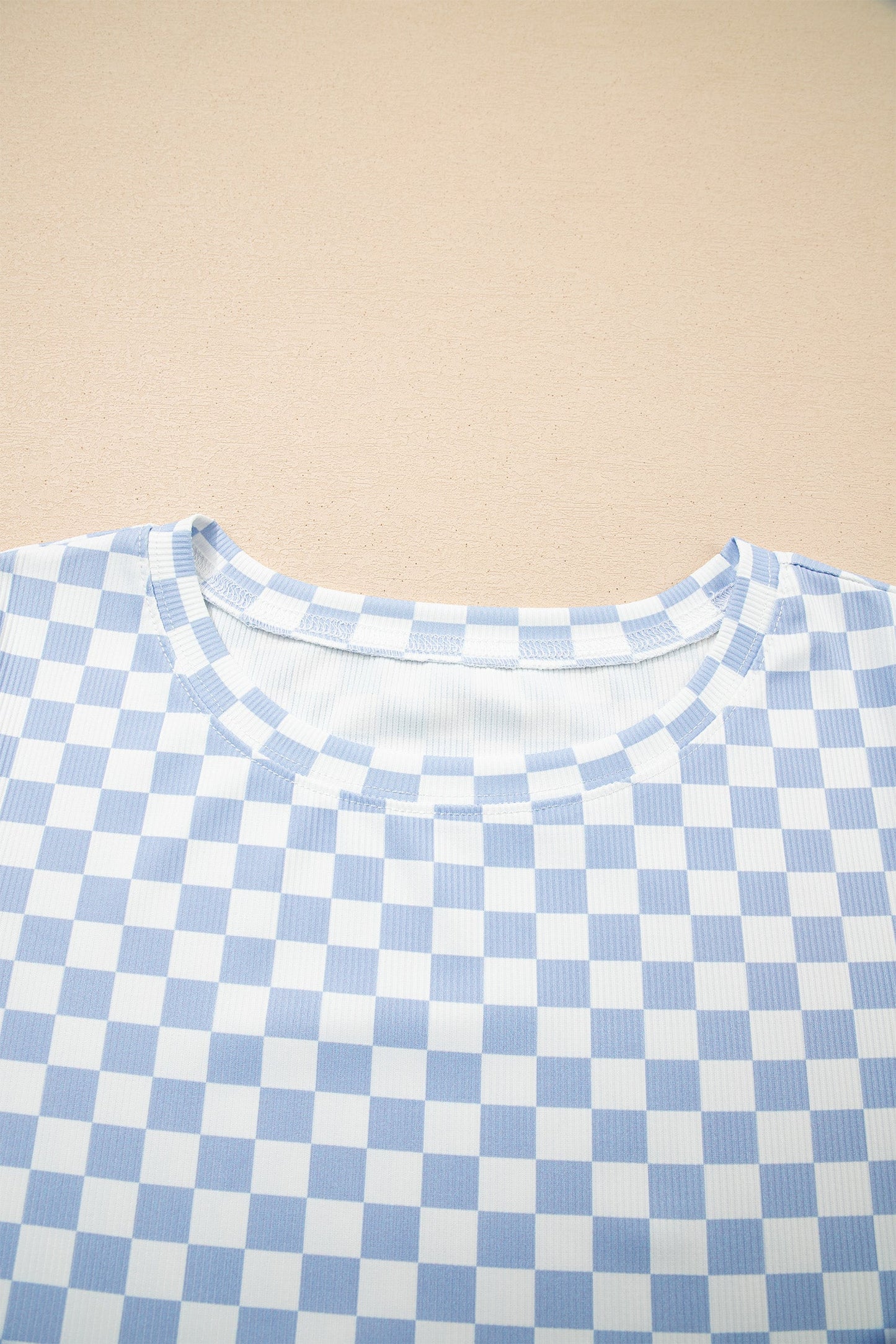 Sky Blue Checkered Ribbed Slim Fit Crew Neck T Shirt