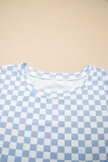 Sky Blue Checkered Ribbed Slim Fit Crew Neck T Shirt