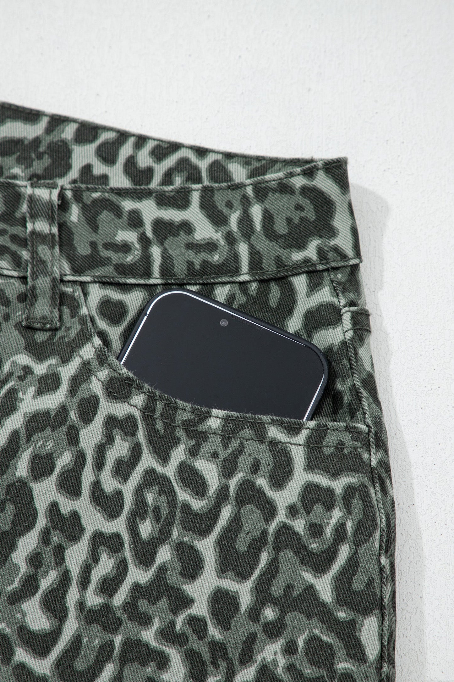 Gray Leopard Frayed Edge Wide Leg High Waist Jeans