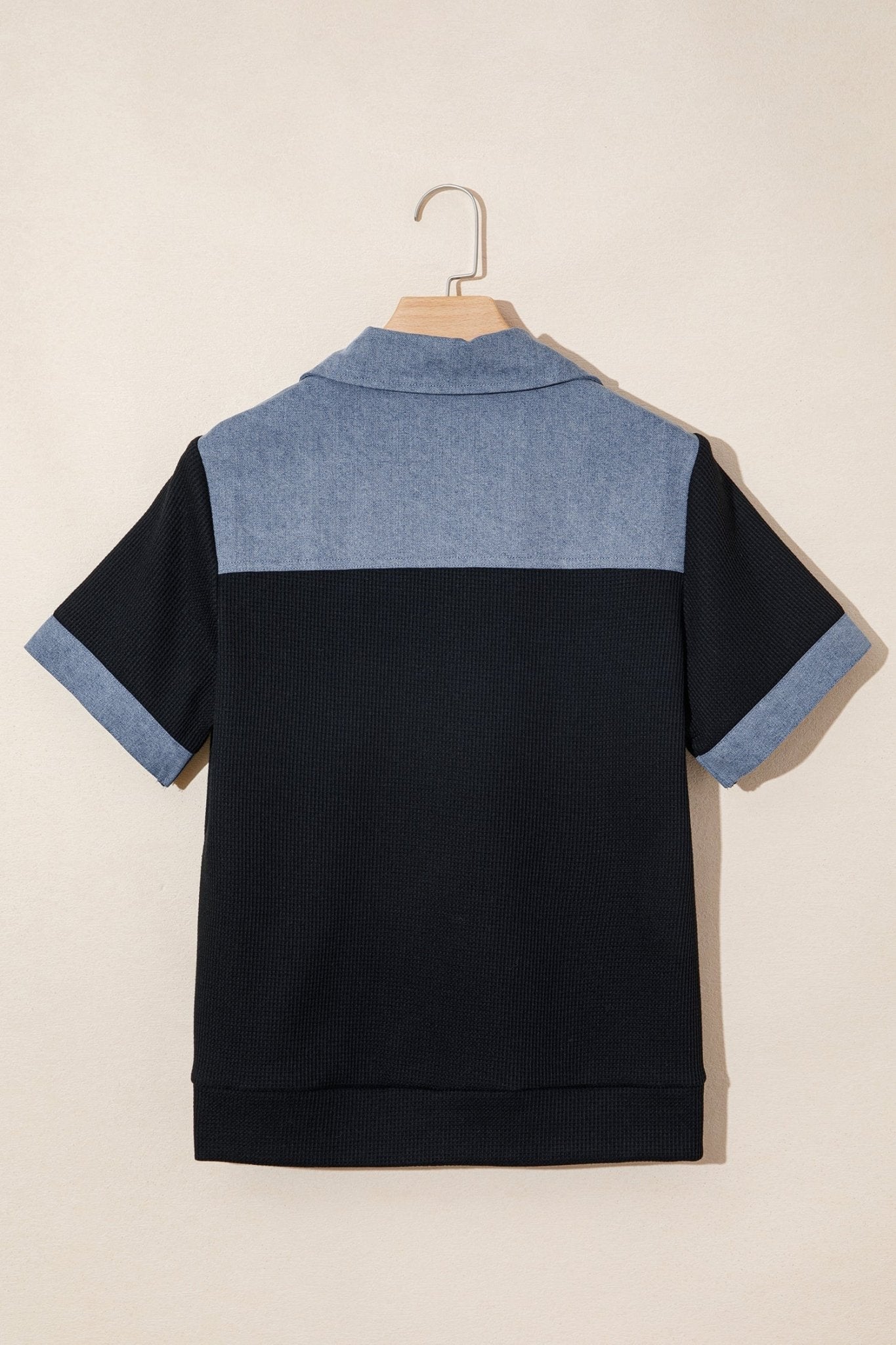 Black Waffle Knit Denim Color Block Patchwork Button Flap Polo Top - Loving It Shop